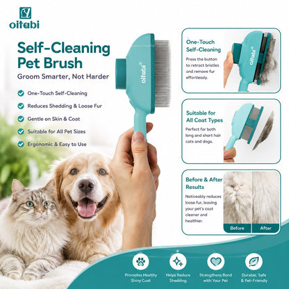 Self-cleaning pet brush infographic: one-touch fur release, gentle on skin and coat, suitable for all pet sizes, with before-and-after shedding results
