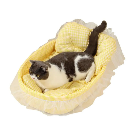 Cute Lace-Trimmed Pet Cat Princess Sofa Bed for Four Seasons Washable and Removable Soft Plush Oval for Small Dogs/Cats
