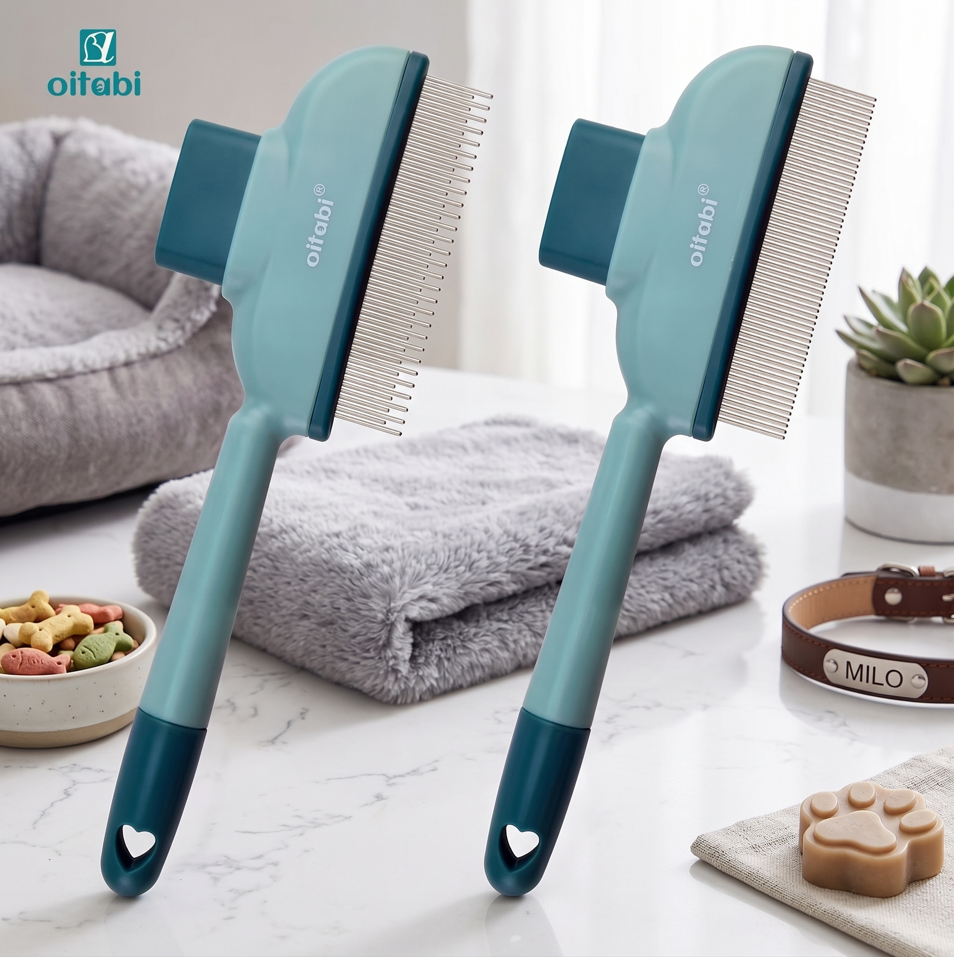 Two pastel turquoise self-cleaning grooming combs resting on a folded grey towel