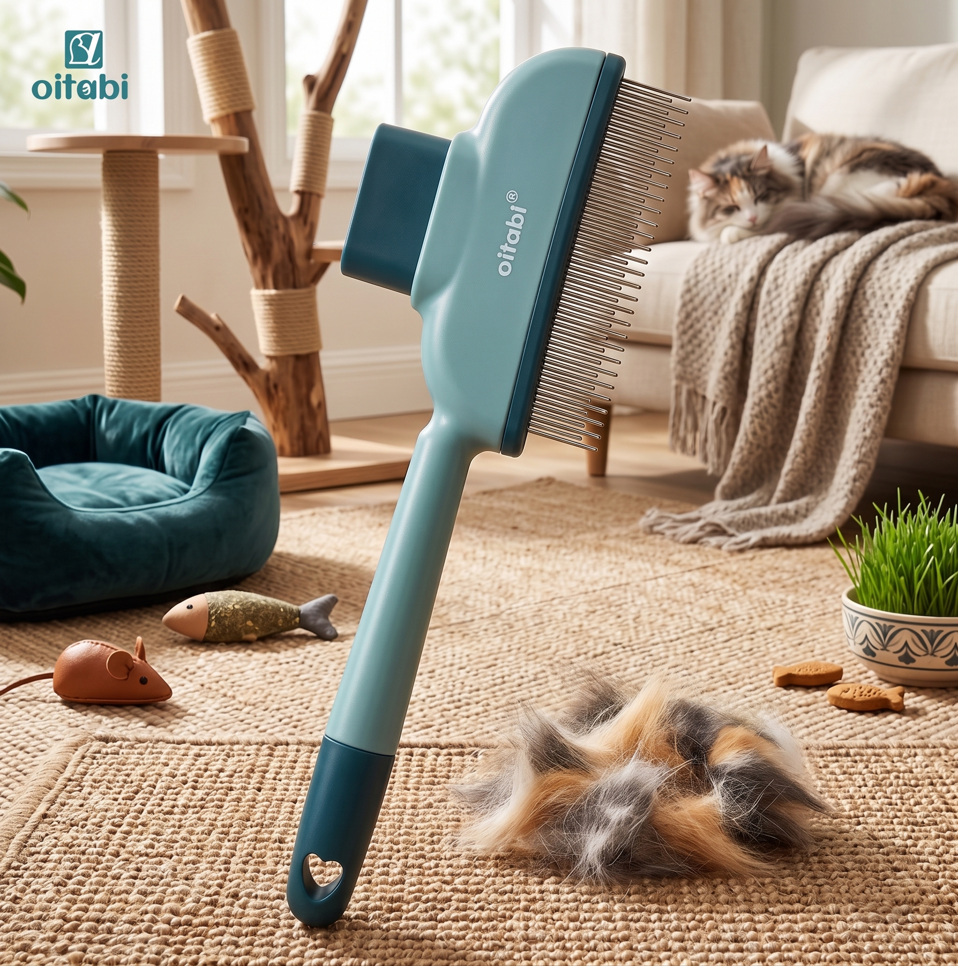 Grooming comb beside clumps of removed pet fur on the living-room floor after a brushing session