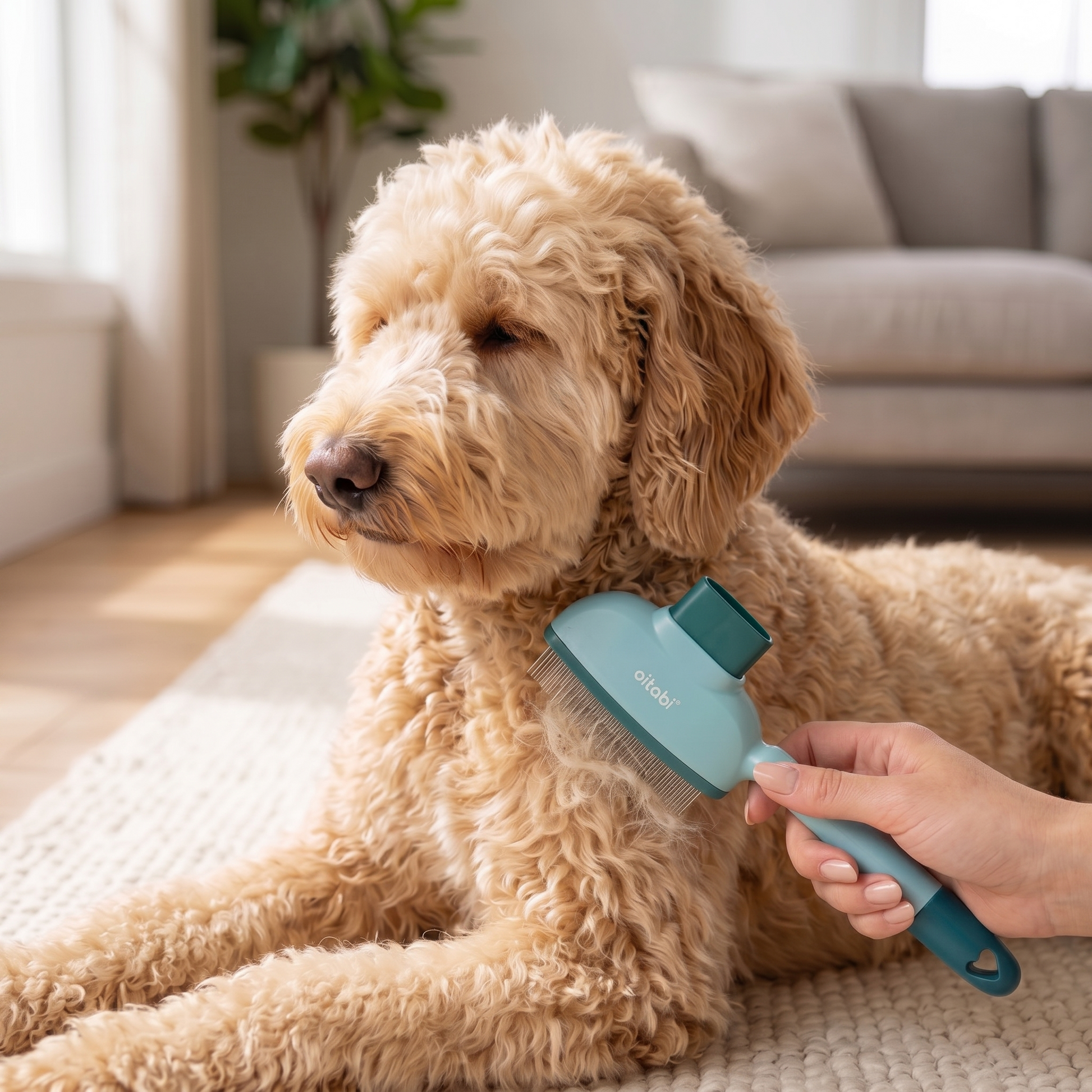 Golden doodle relaxing while being brushed with the self-cleaning grooming brush at home