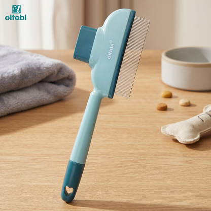 Side view of the self-cleaning grooming comb with fine stainless-steel teeth and non-slip ergonomic handle